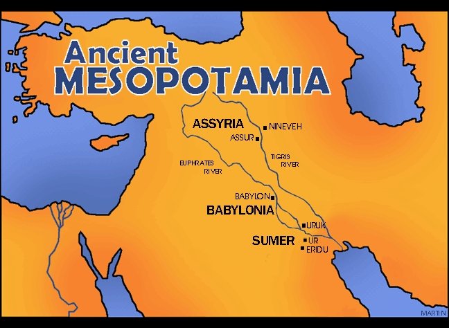 Map of Ancient Mesopotamia showing location of Assyria, Babylonia and Sumer. 